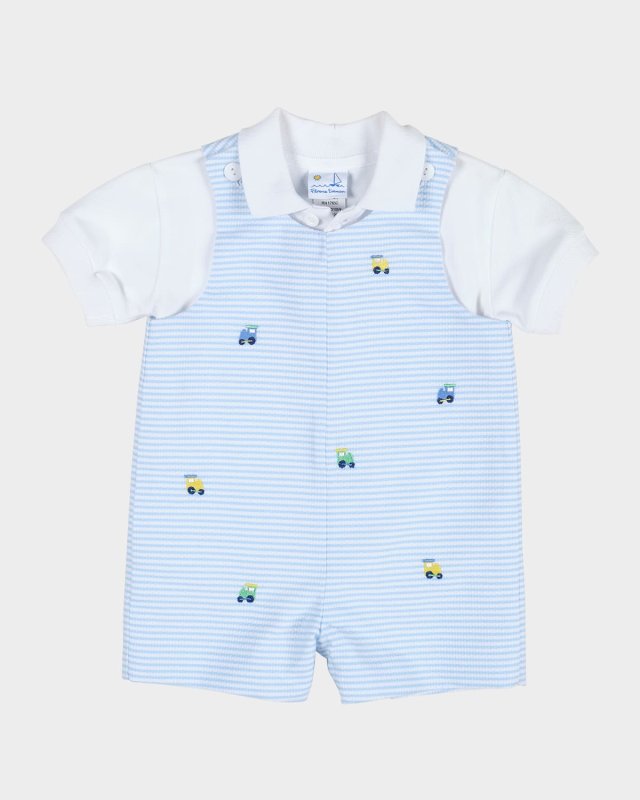 Boy's Striped Embroidered Trains Shortall W/ Polo Shirt, Size 3M-18